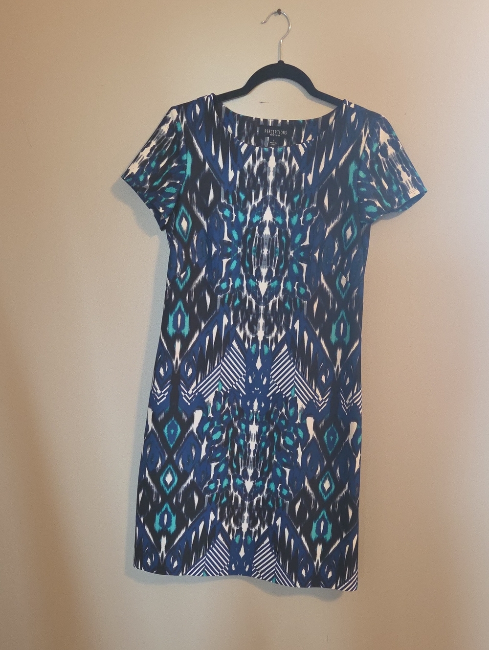 Perceptions Blue Teal Abstract Ikat Shift Dress